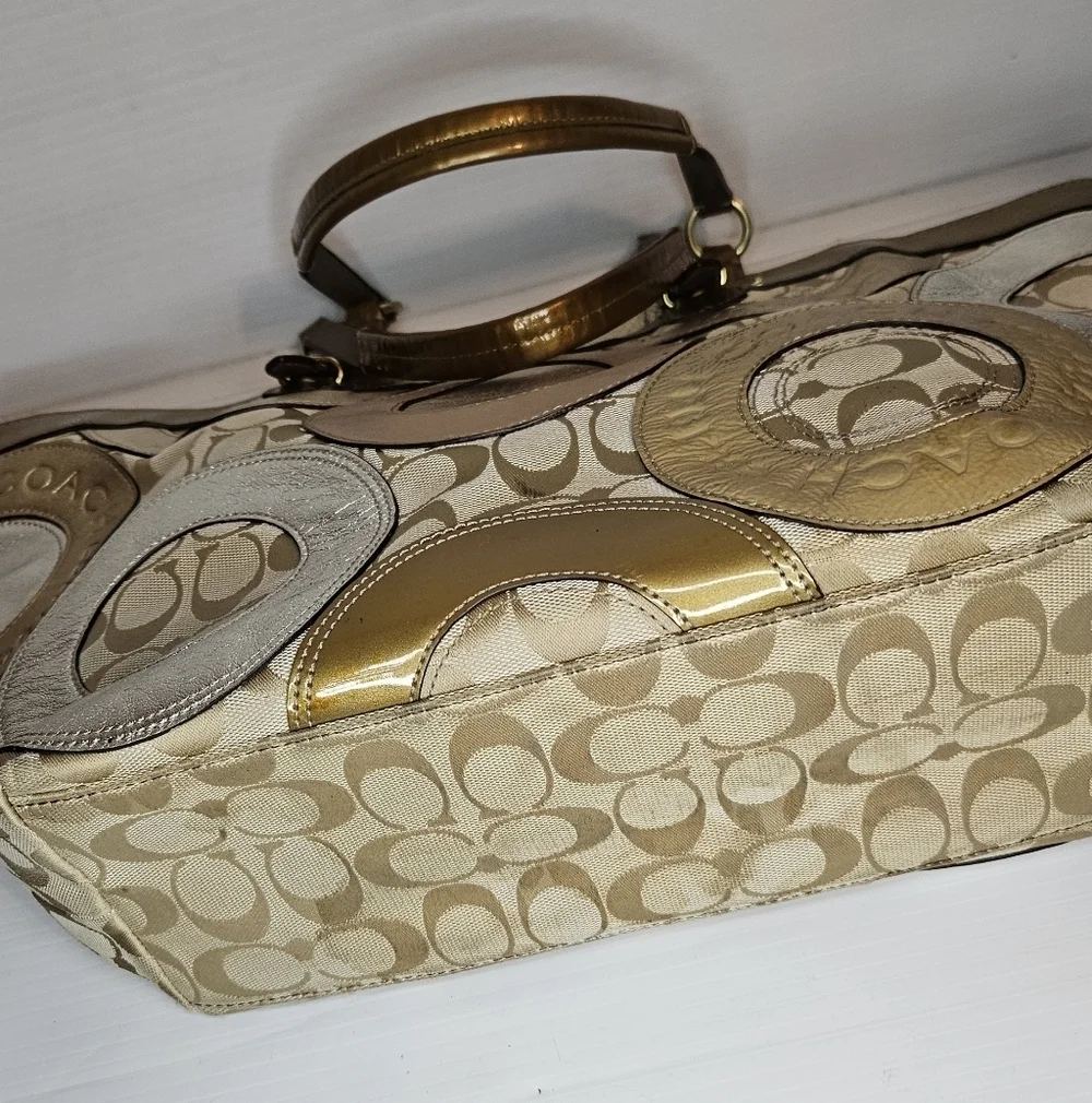 Coach Carly F16180 Vintage Tote – Y2K Metallic Patchwork Logo Canvas Purse, Gold